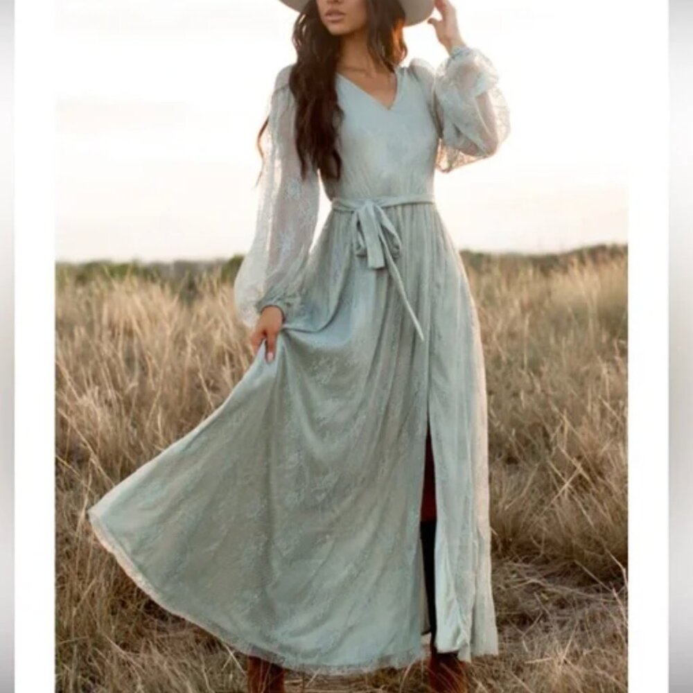 Joyfolie Soft Blue Sheer Sleeve Maxi Dress